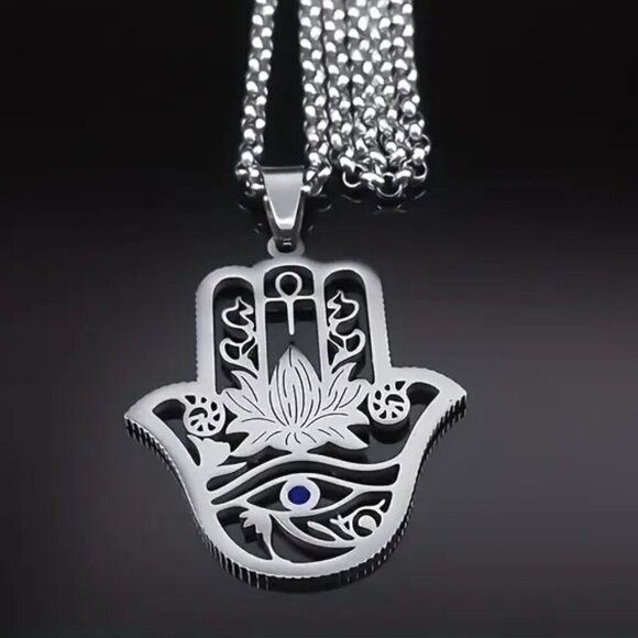Stainless Steel Hamsa Hand Lotus Eye Ankh Pendant Necklace Protection Jewelry NE - Picture 2 of 5